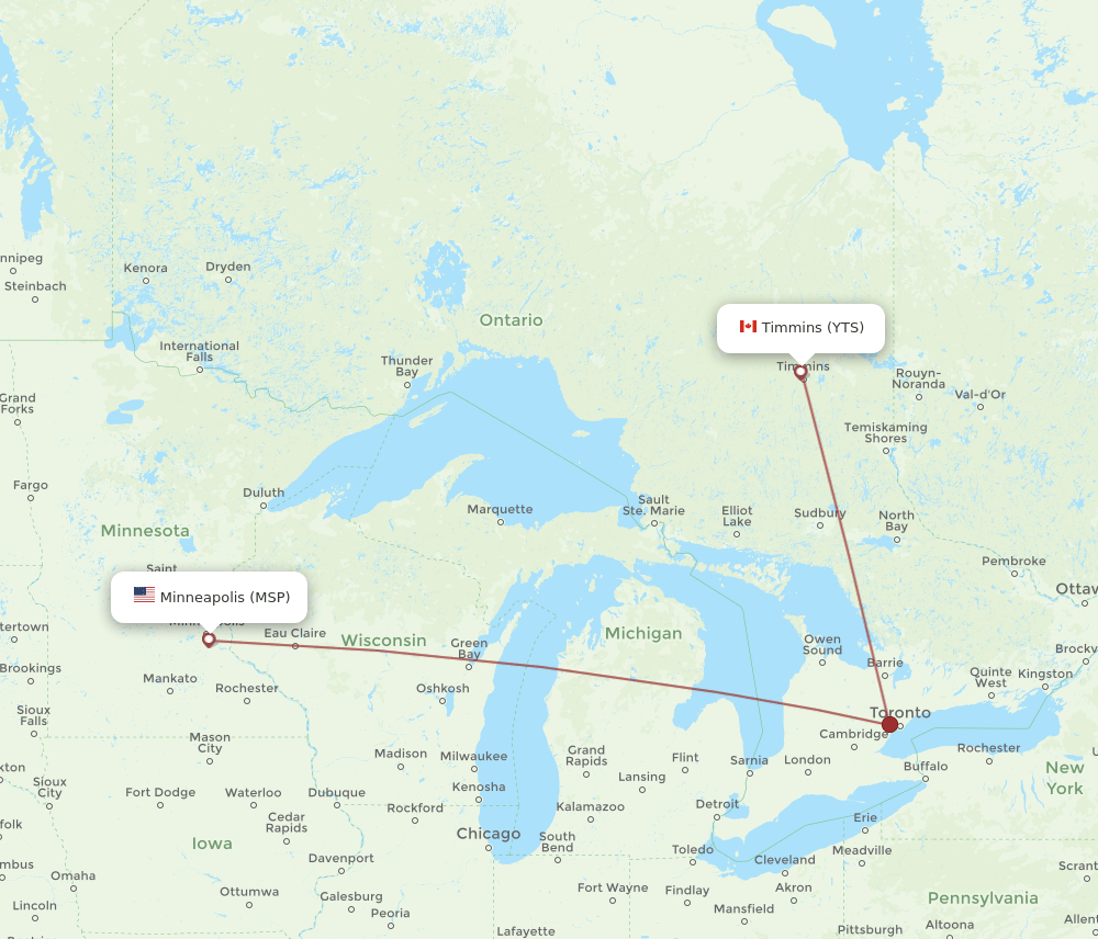 MSP-YTS flight routes