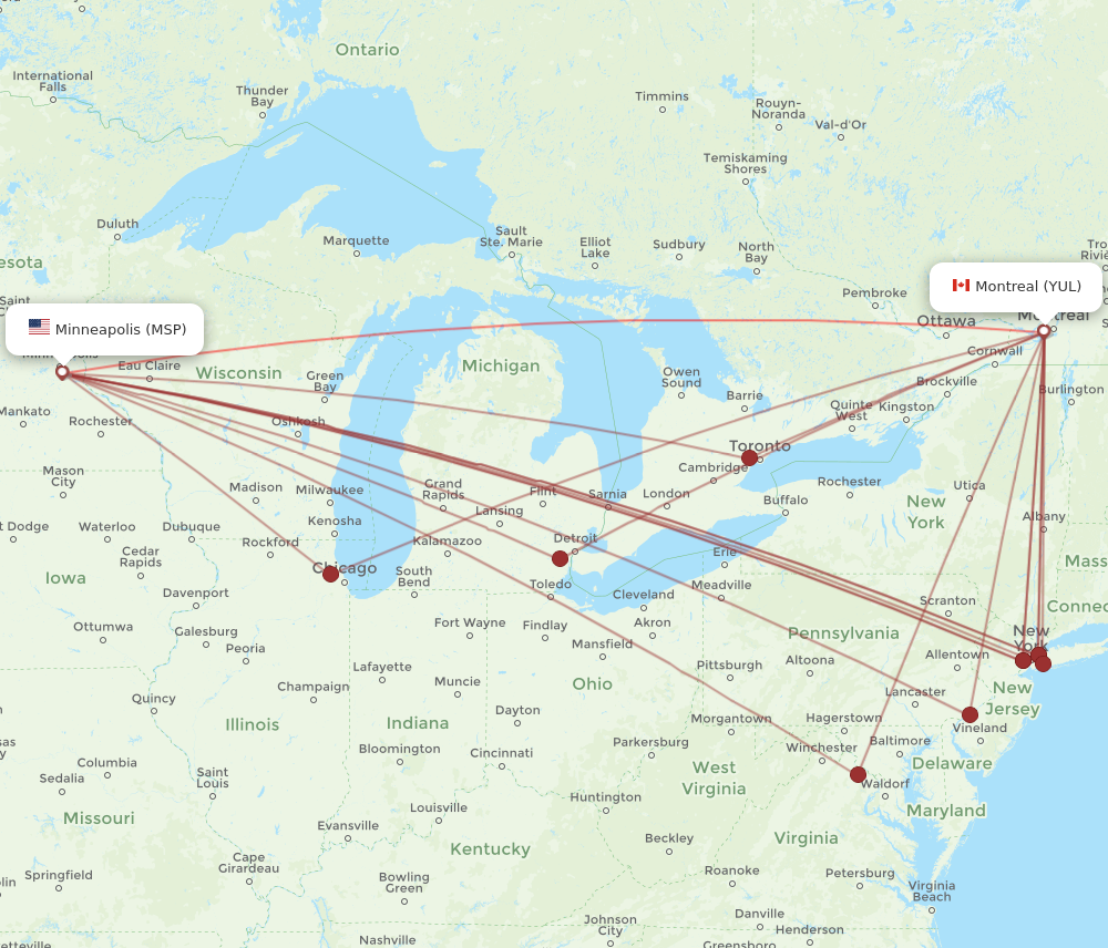 MSP to YUL flights and routes map