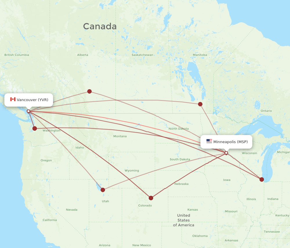 MSP to YVR flights and routes map