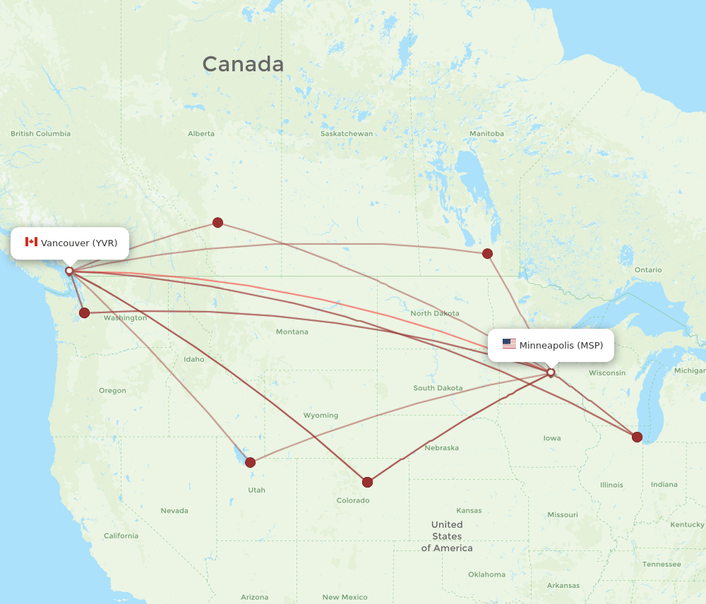 MSP to YVR flights and routes map