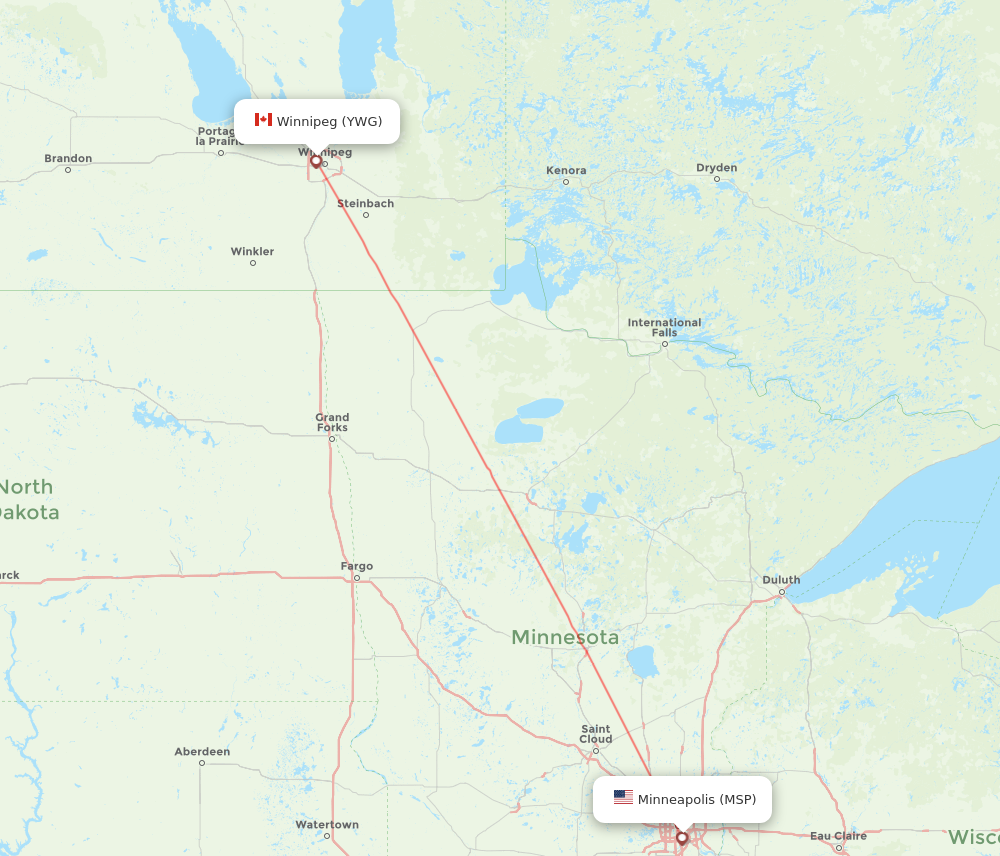 MSP to YWG flights and routes map