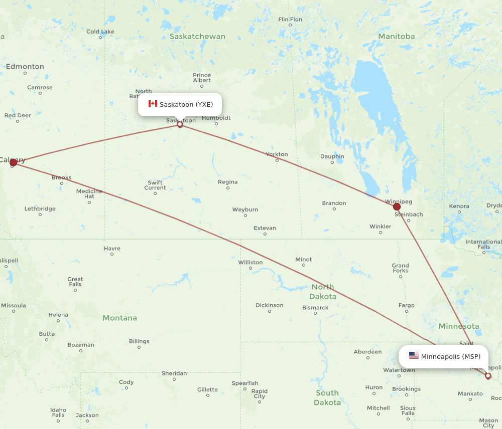 MSP to YXE flights and routes map