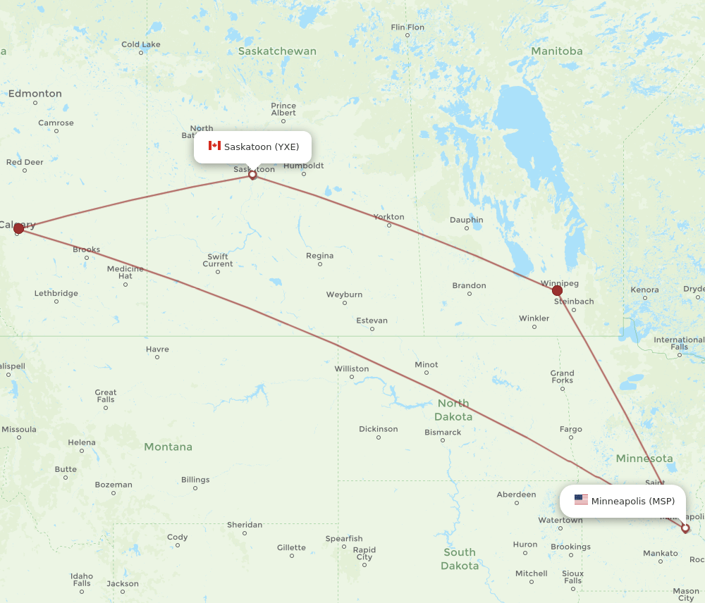 Saskatoon - Minneapolis route map and flight paths