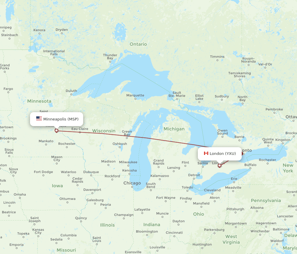 London - Minneapolis route map and flight paths