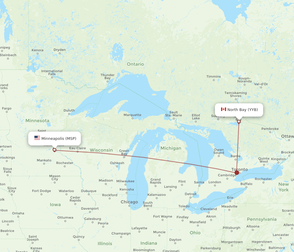 North Bay - Minneapolis route map and flight paths