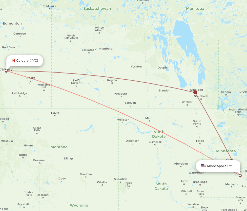 MSP to YYC flights and routes map