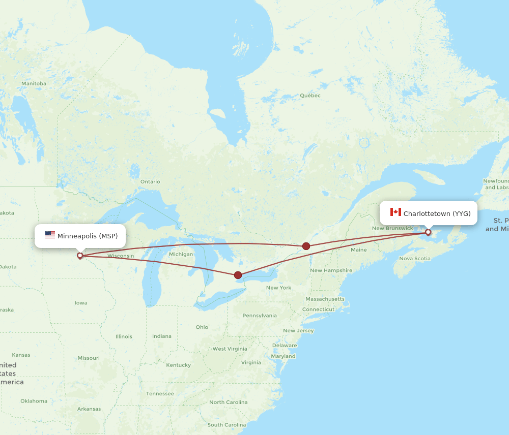 Charlottetown - Minneapolis route map and flight paths