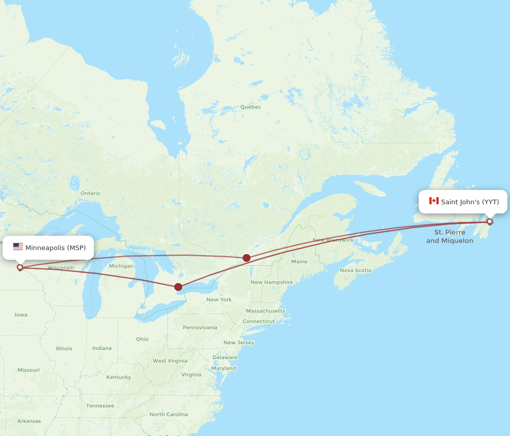 YYT to MSP flights and routes map