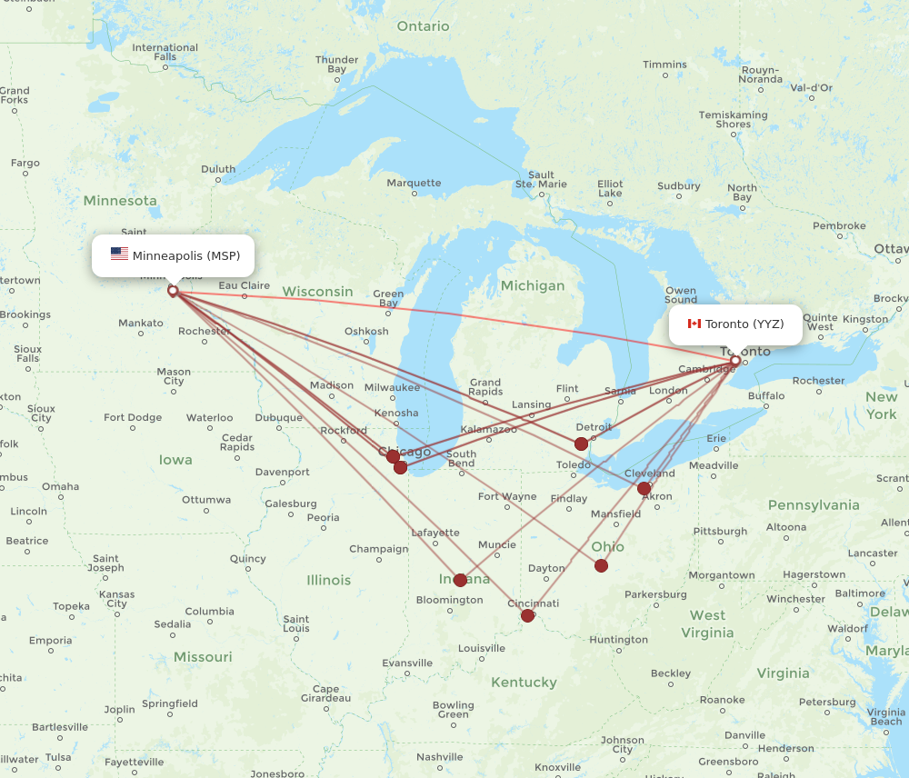 MSP to YYZ flights and routes map