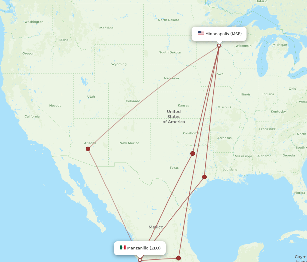Manzanillo - Minneapolis route map and flight paths