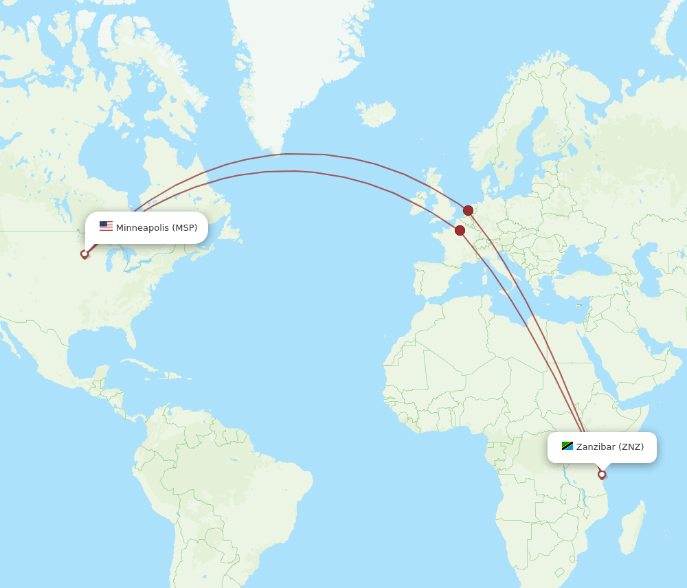 Zanzibar - Minneapolis route map and flight paths