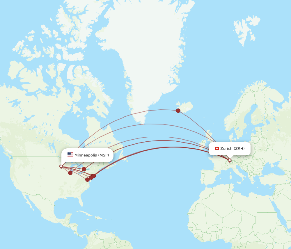 ZRH to MSP flights and routes map