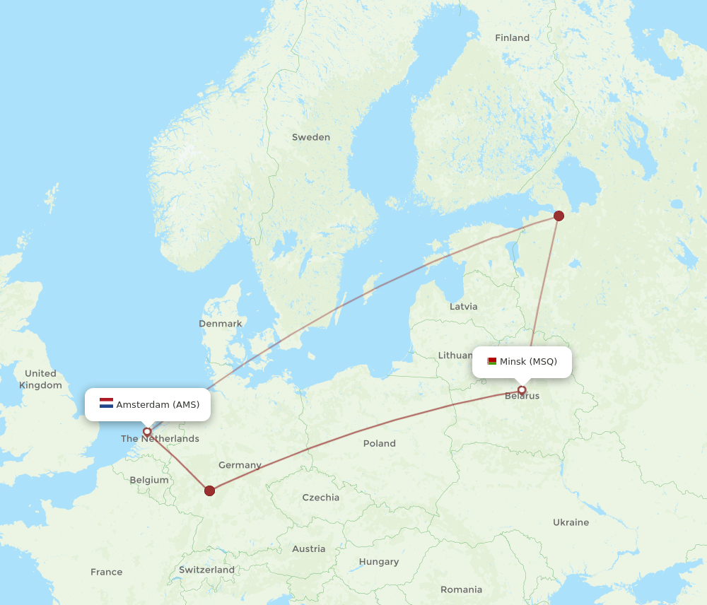 Minsk - Amsterdam route map and flight paths