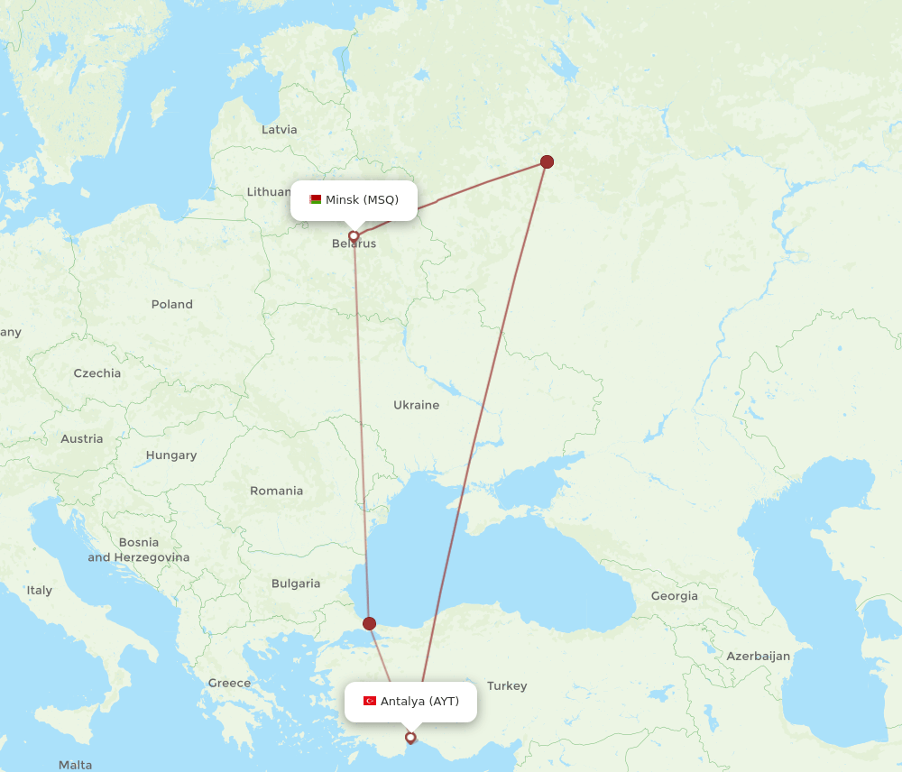 MSQ to AYT flights and routes map