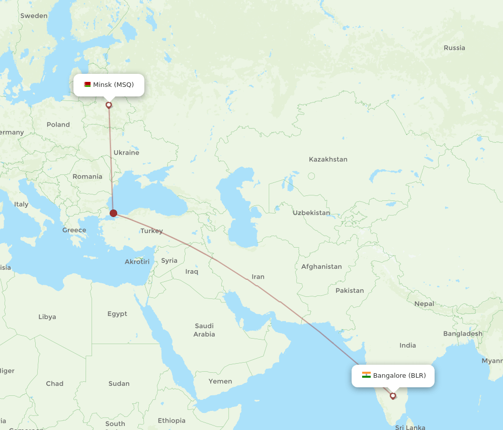 Bengaluru - Minsk route map and flight paths