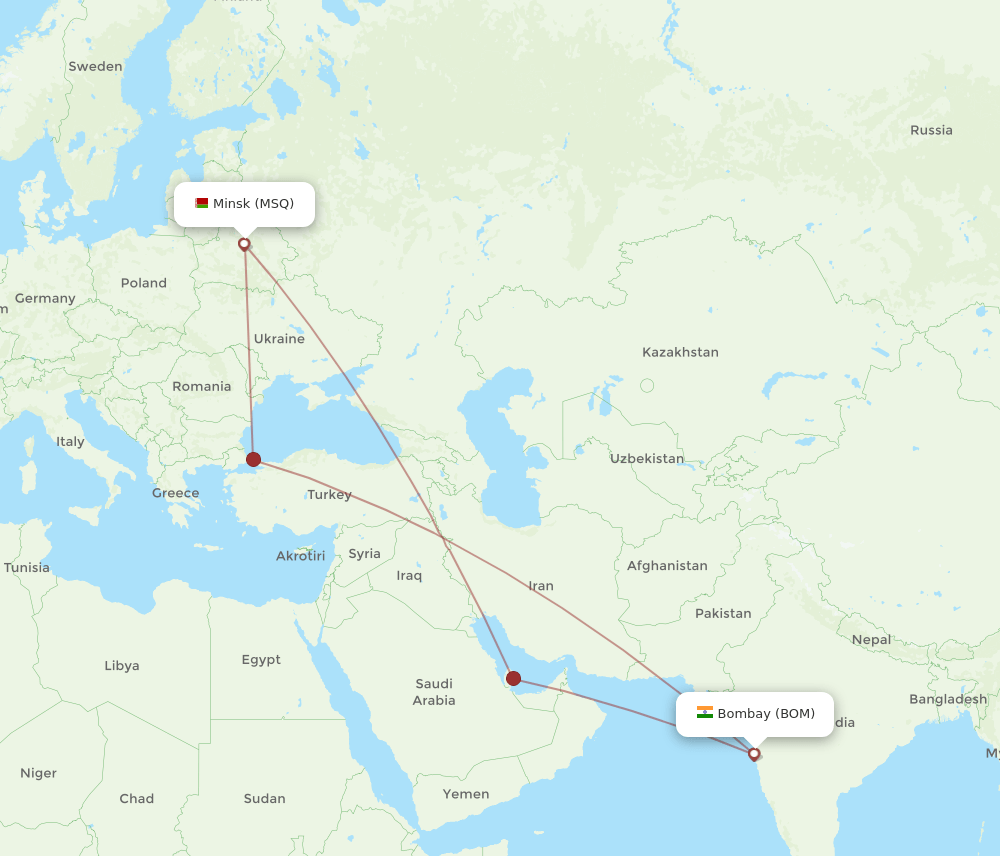 Mumbai - Minsk route map and flight paths