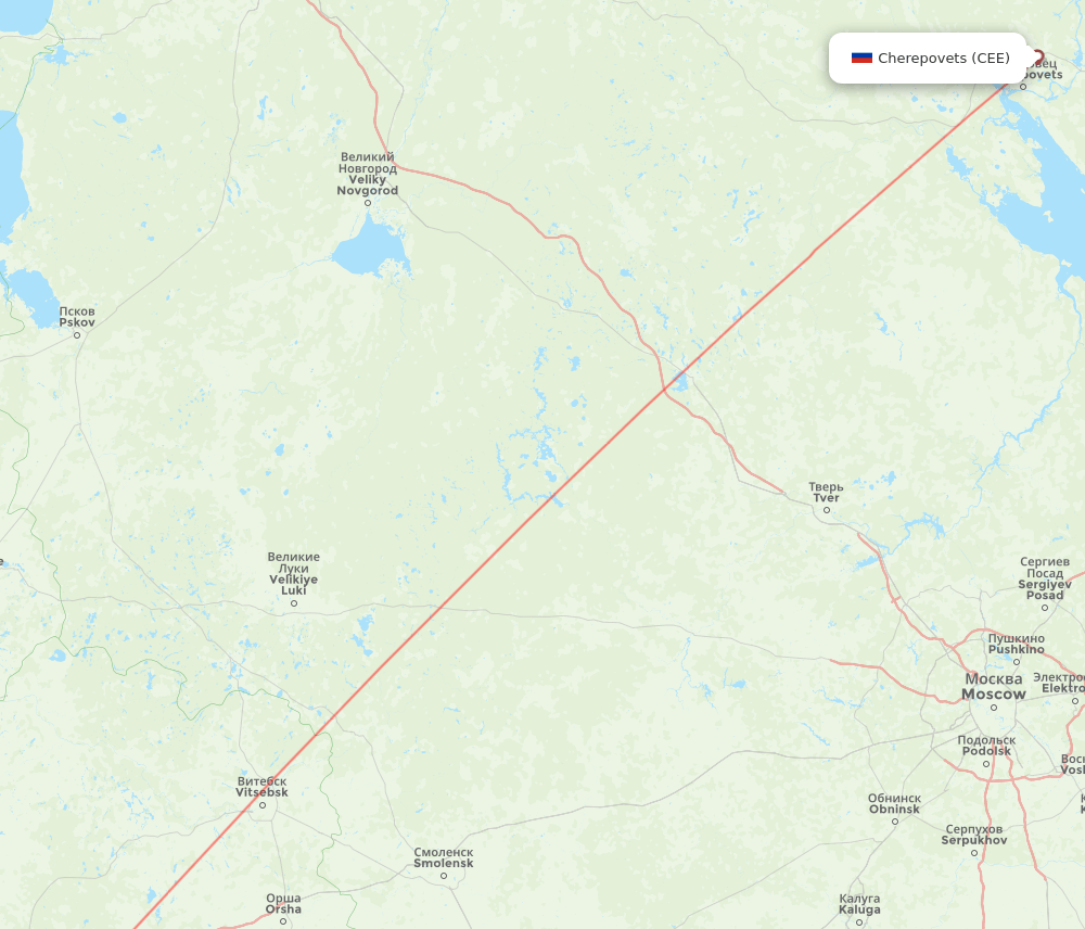 Minsk - Cherepovets route map and flight paths