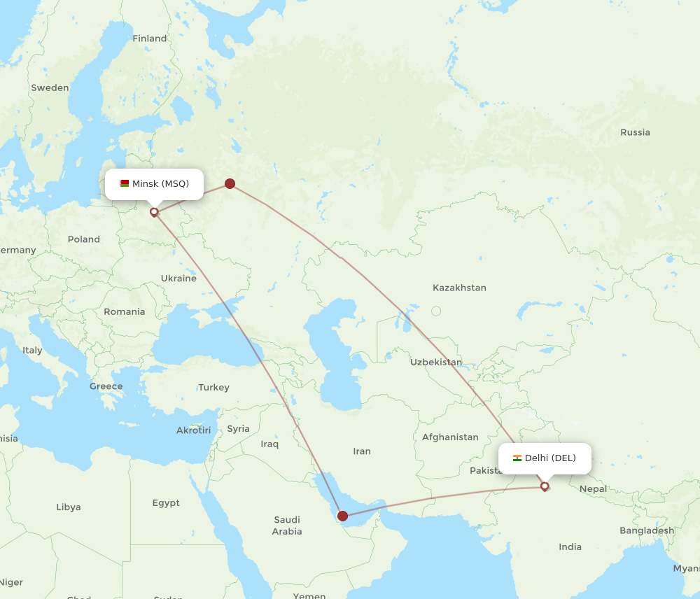 MSQ to DEL flights and routes map