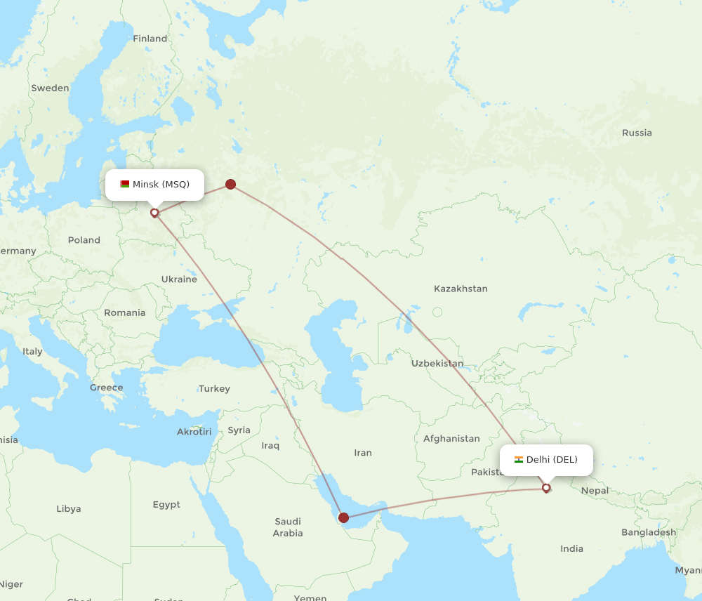 MSQ to DEL flights and routes map