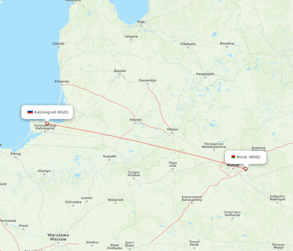 Minsk - Kaliningrad route map and flight paths