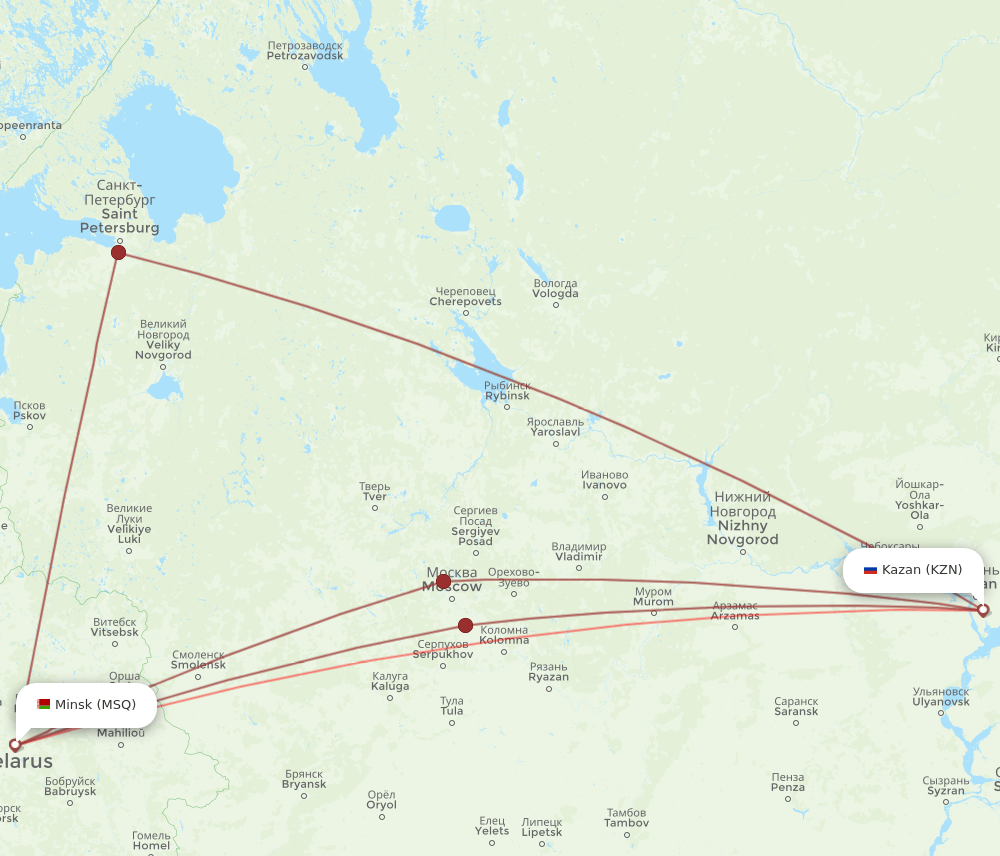 MSQ to KZN flights and routes map