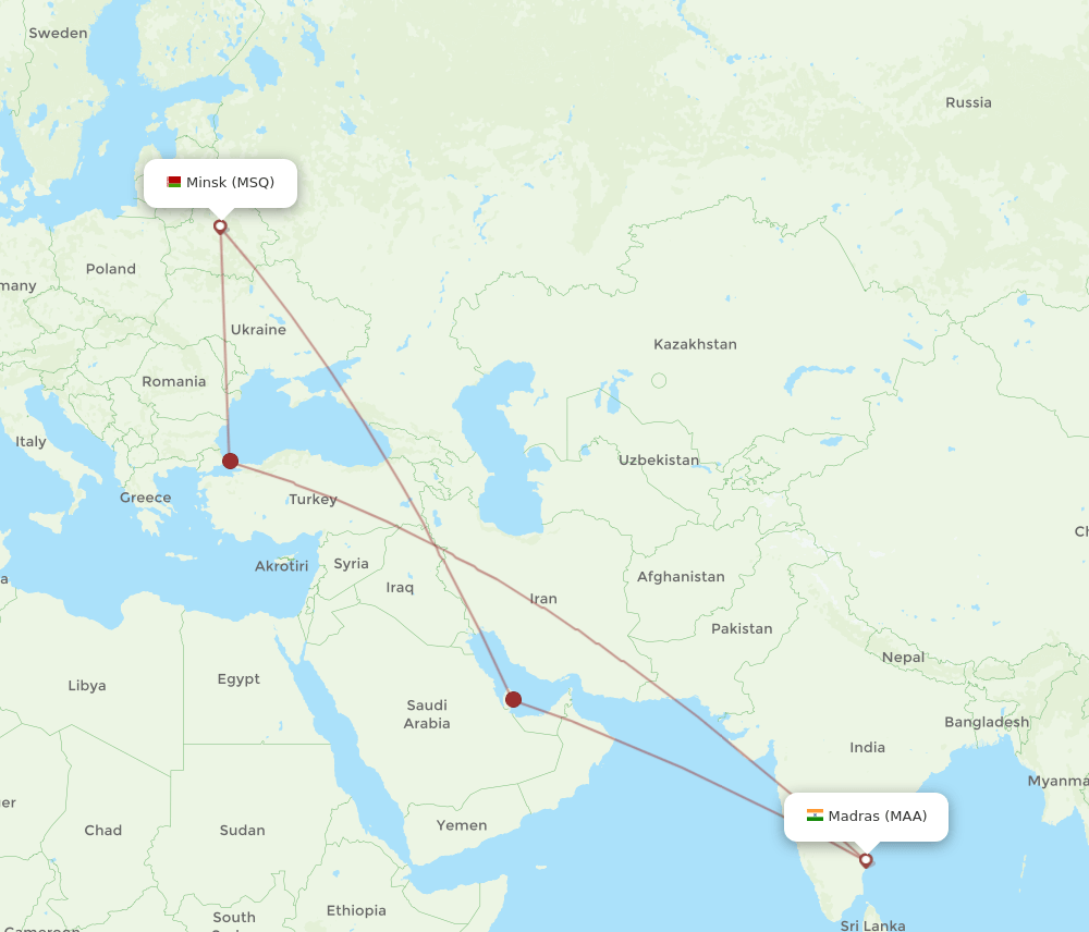 Chennai - Minsk route map and flight paths