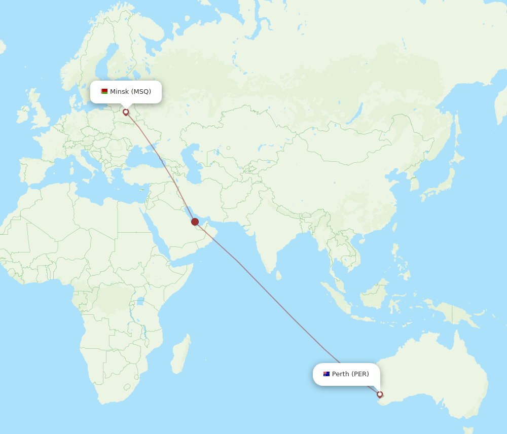 Perth - Minsk route map and flight paths