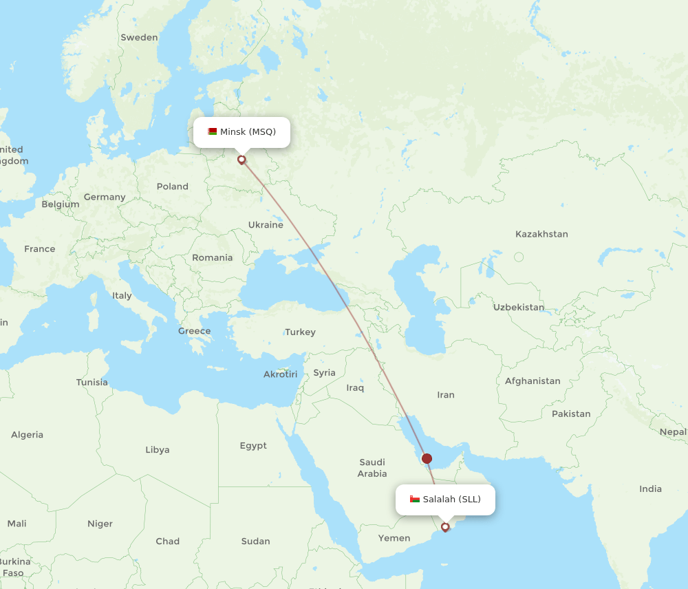 Salalah - Minsk route map and flight paths