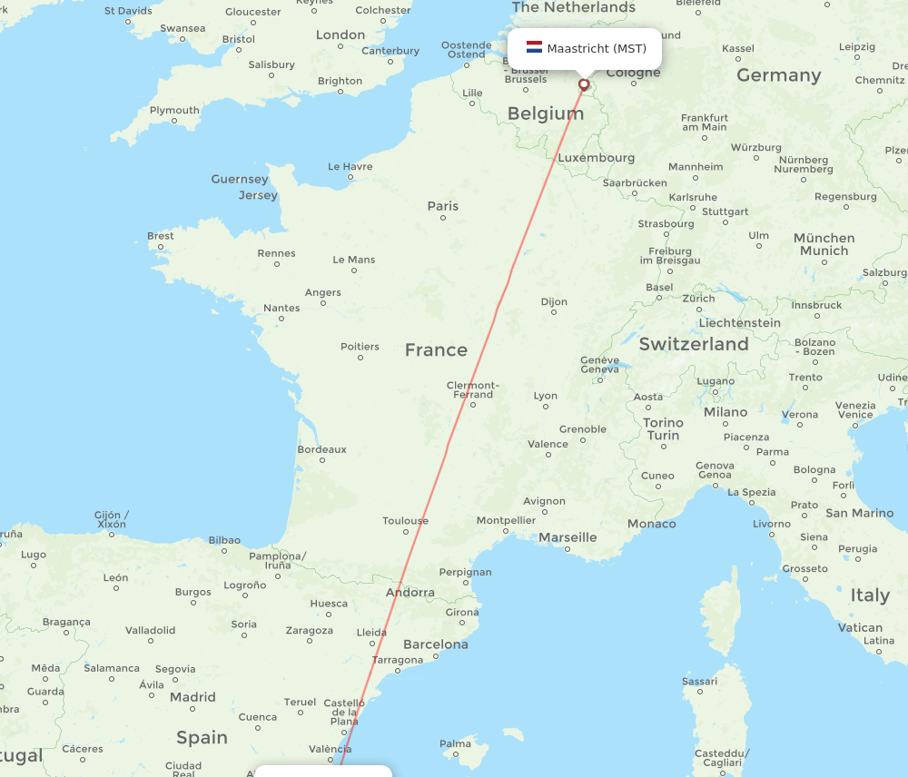 Maastricht - Alicante route map and flight paths