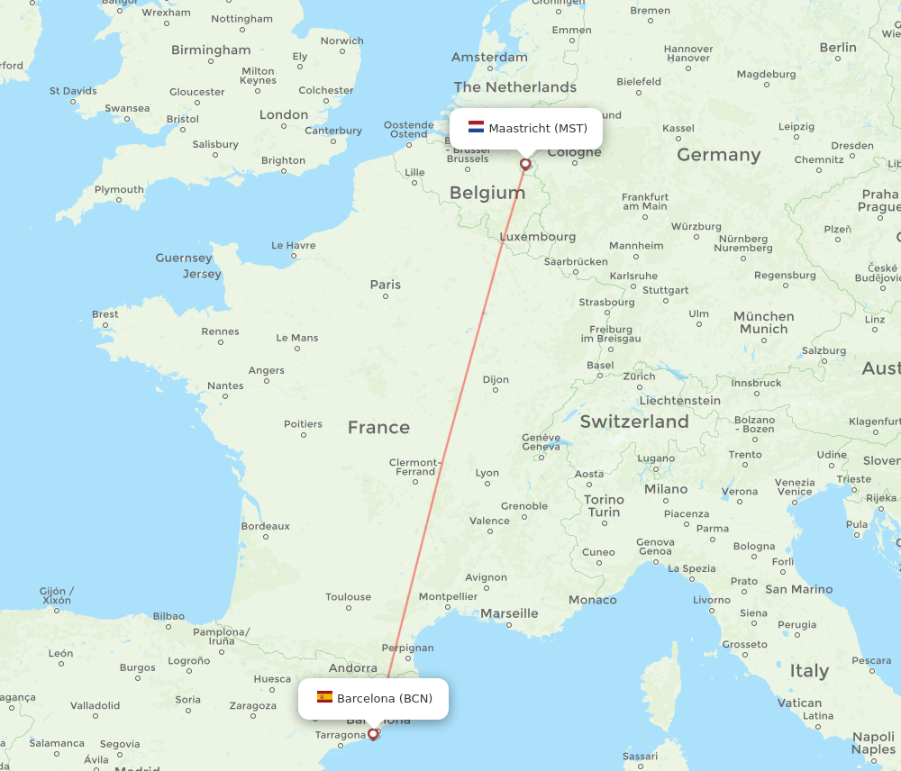 MST to BCN flights and routes map