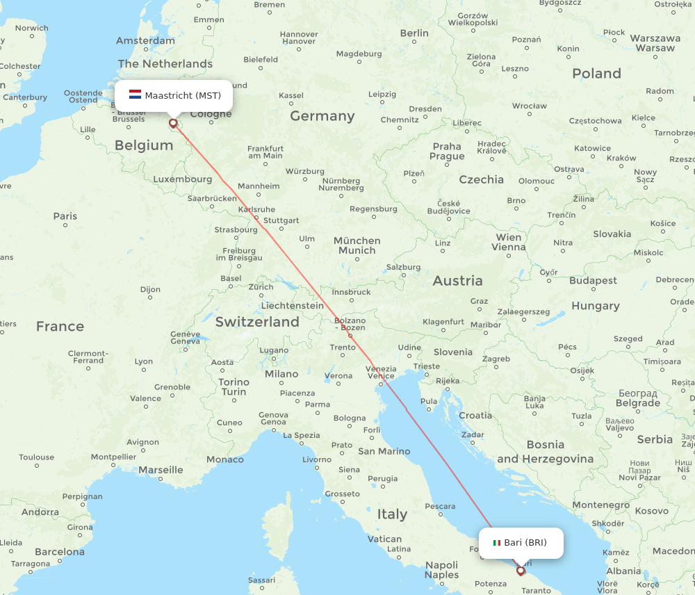 Maastricht - Bari route map and flight paths