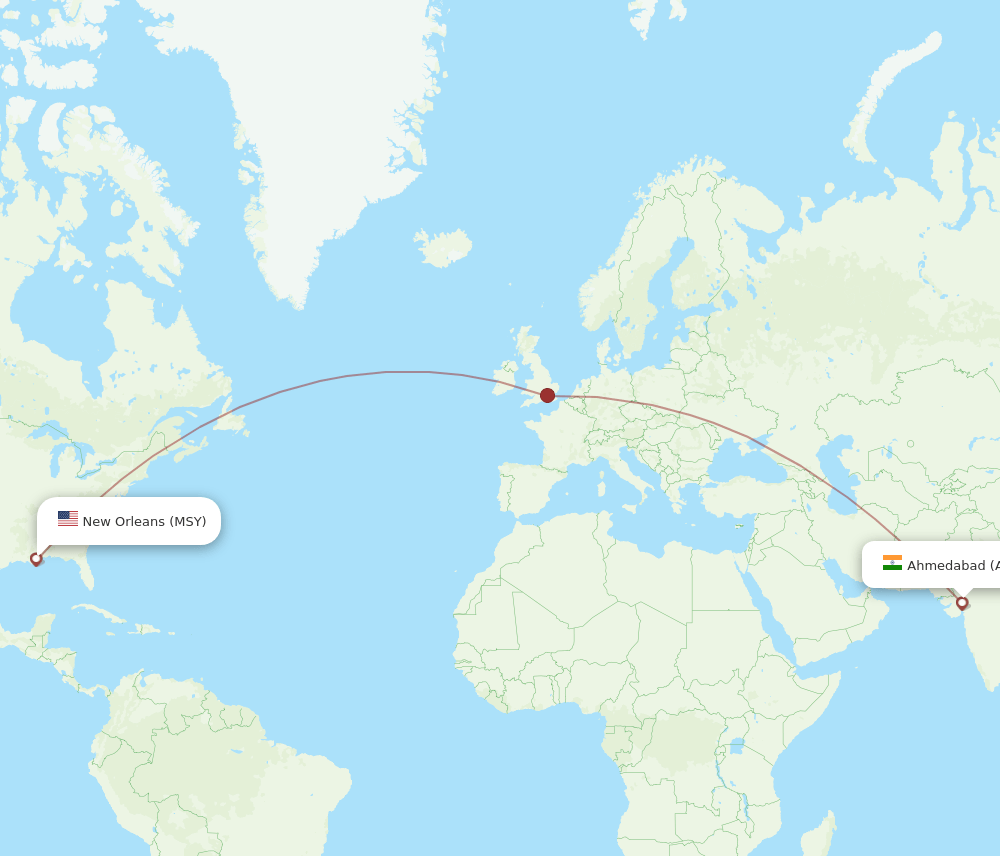 New Orleans - Ahmedabad route map and flight paths