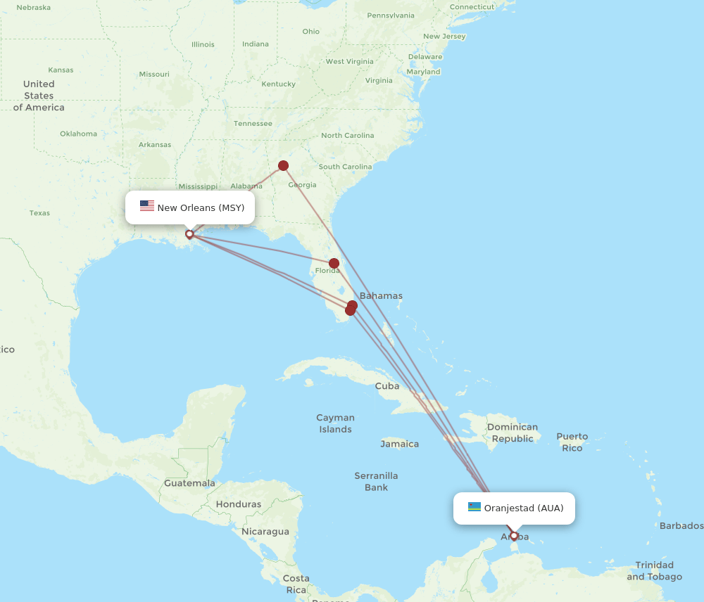 MSY to AUA flights and routes map