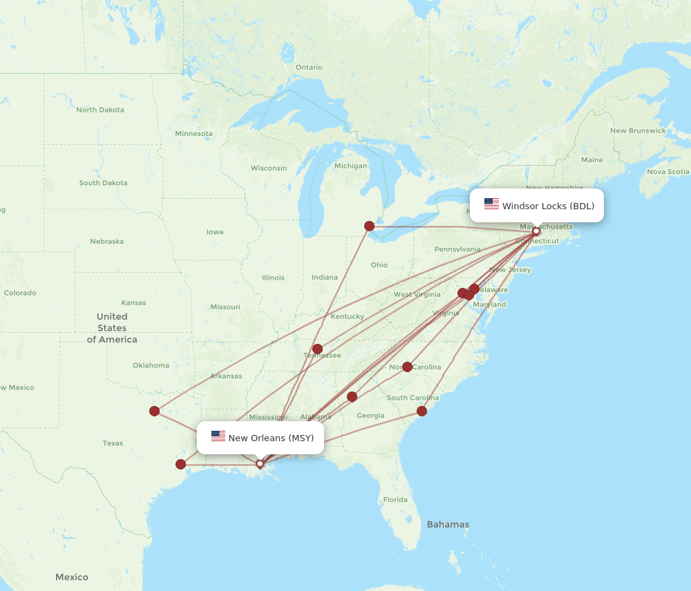 MSY to BDL flights and routes map
