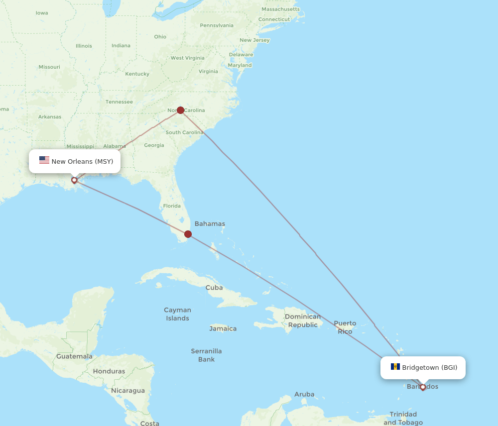 MSY to BGI flights and routes map
