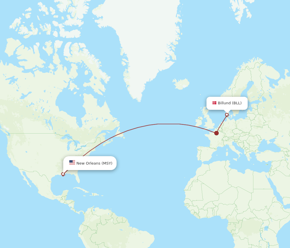 MSY to BLL flights and routes map