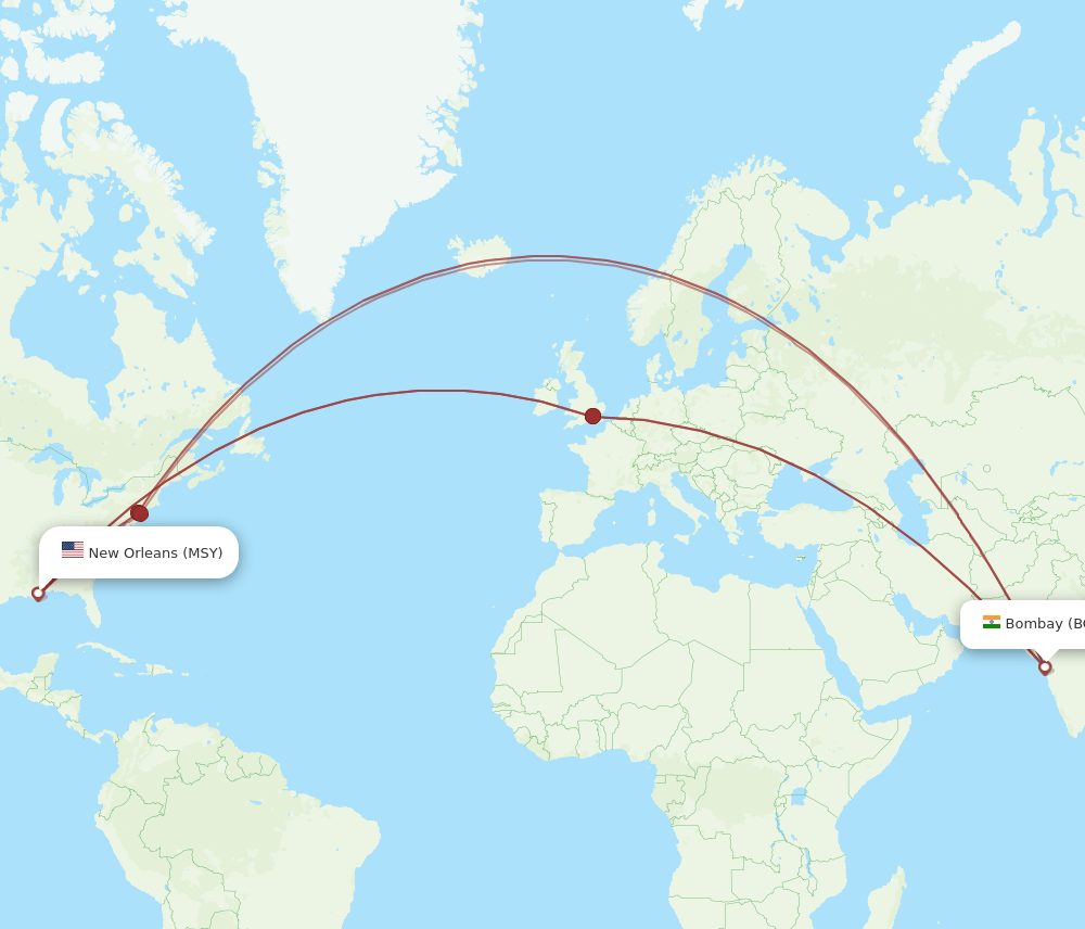 MSY to BOM flights and routes map