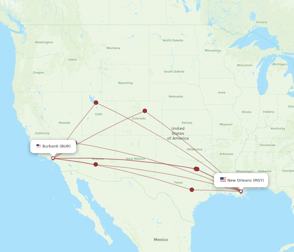 MSY to BUR flights and routes map