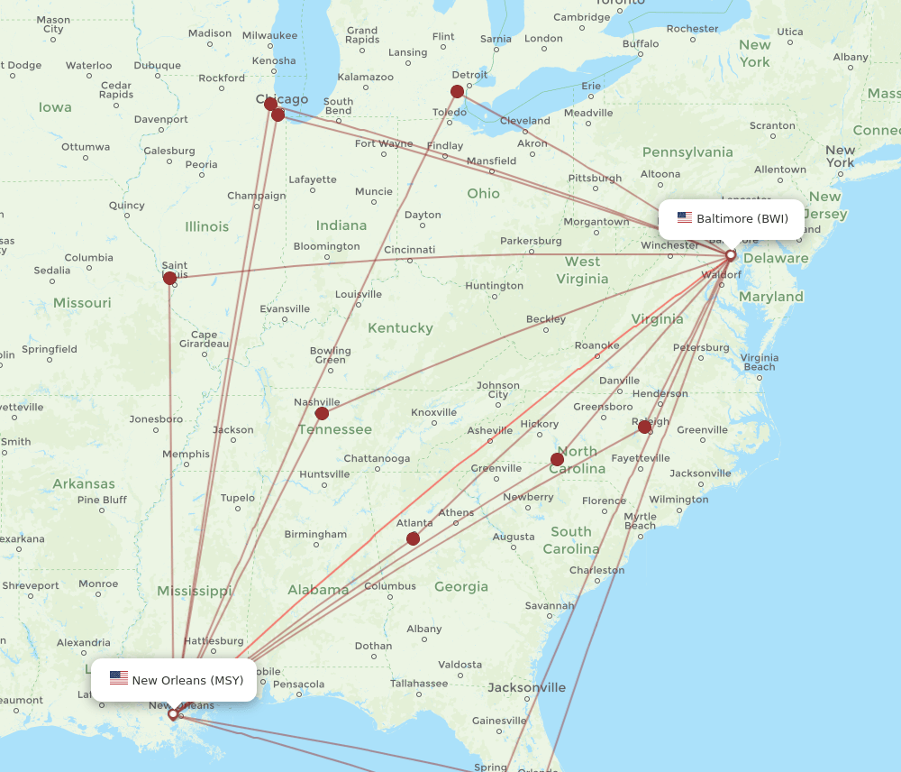 MSY-BWI flight routes