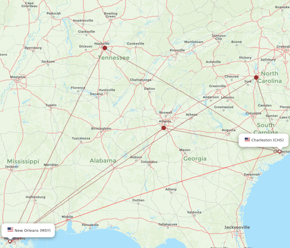 MSY to CHS flights and routes map