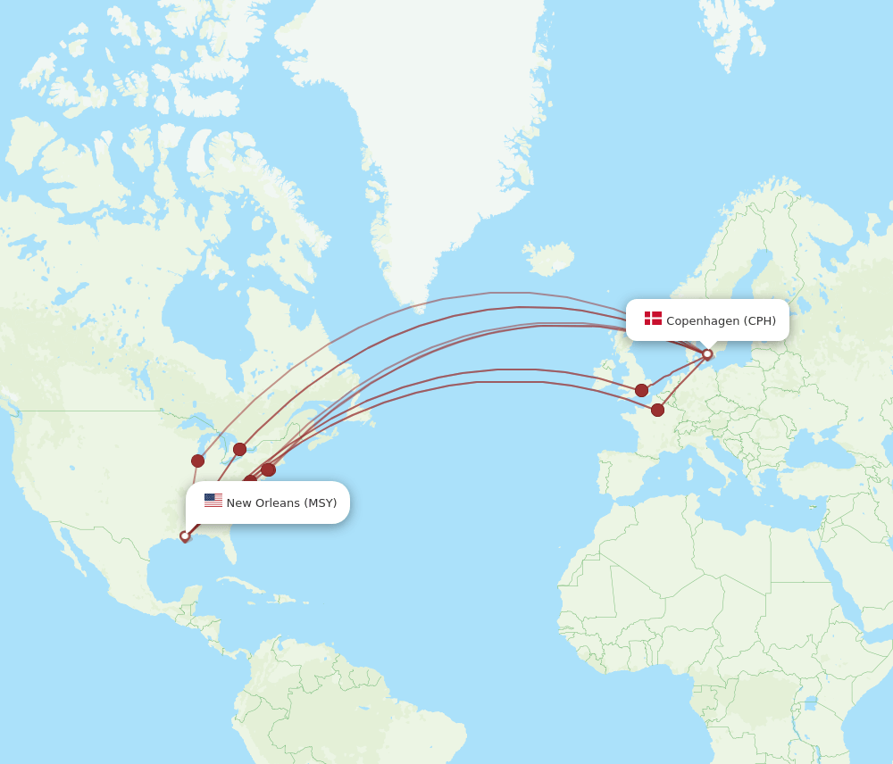 MSY-CPH flight routes