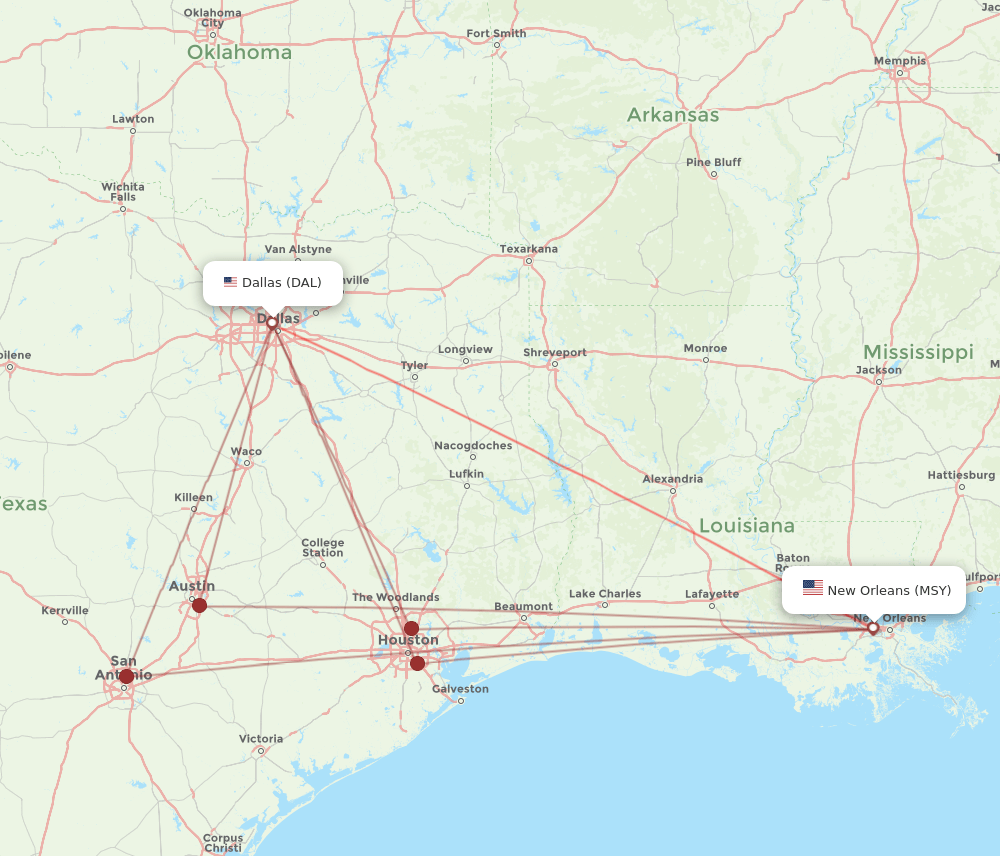 MSY to DAL flights and routes map