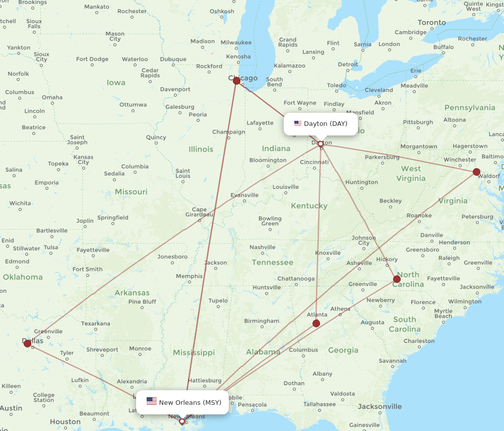 MSY to DAY flights and routes map