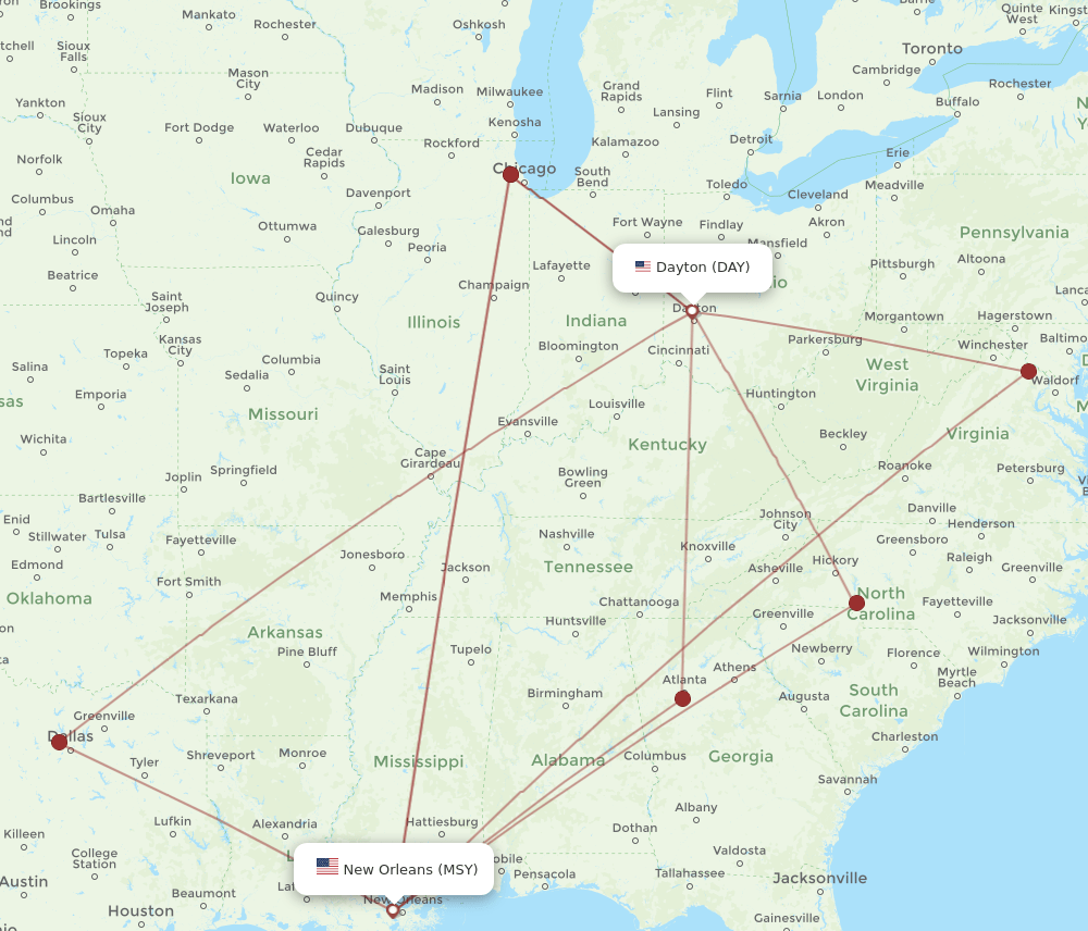 MSY to DAY flights and routes map