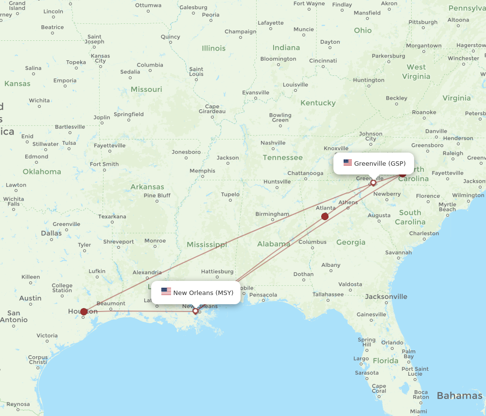 MSY to GSP flights and routes map