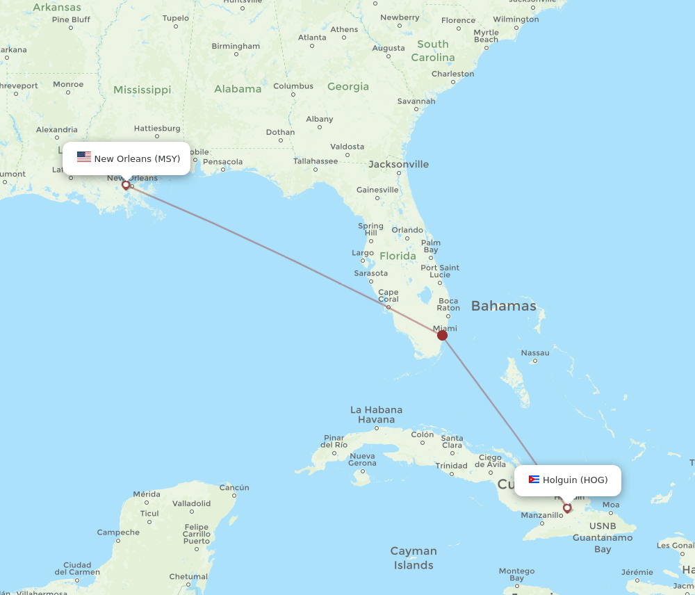 MSY to HOG flights and routes map