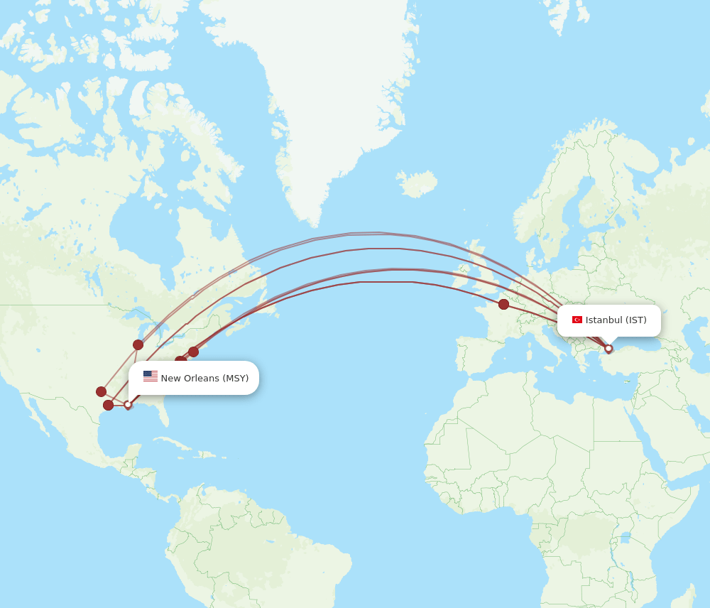 MSY to IST flights and routes map