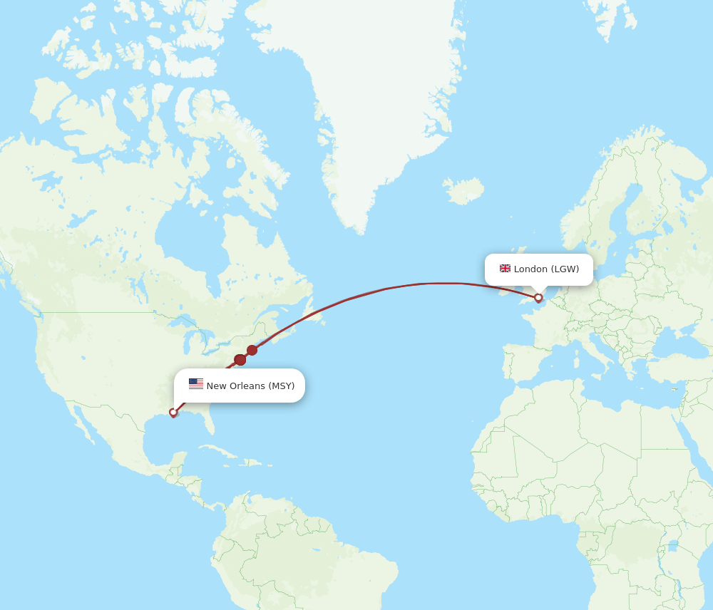 MSY to LGW flights and routes map