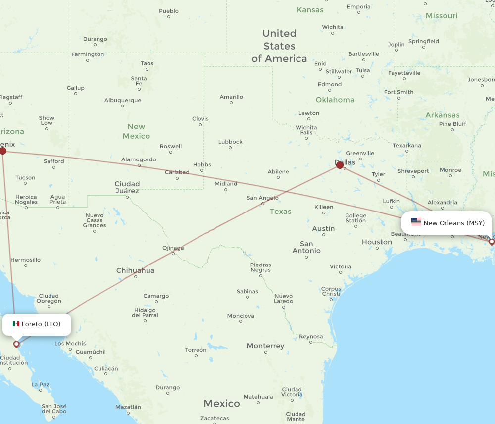 MSY-LTO flight routes