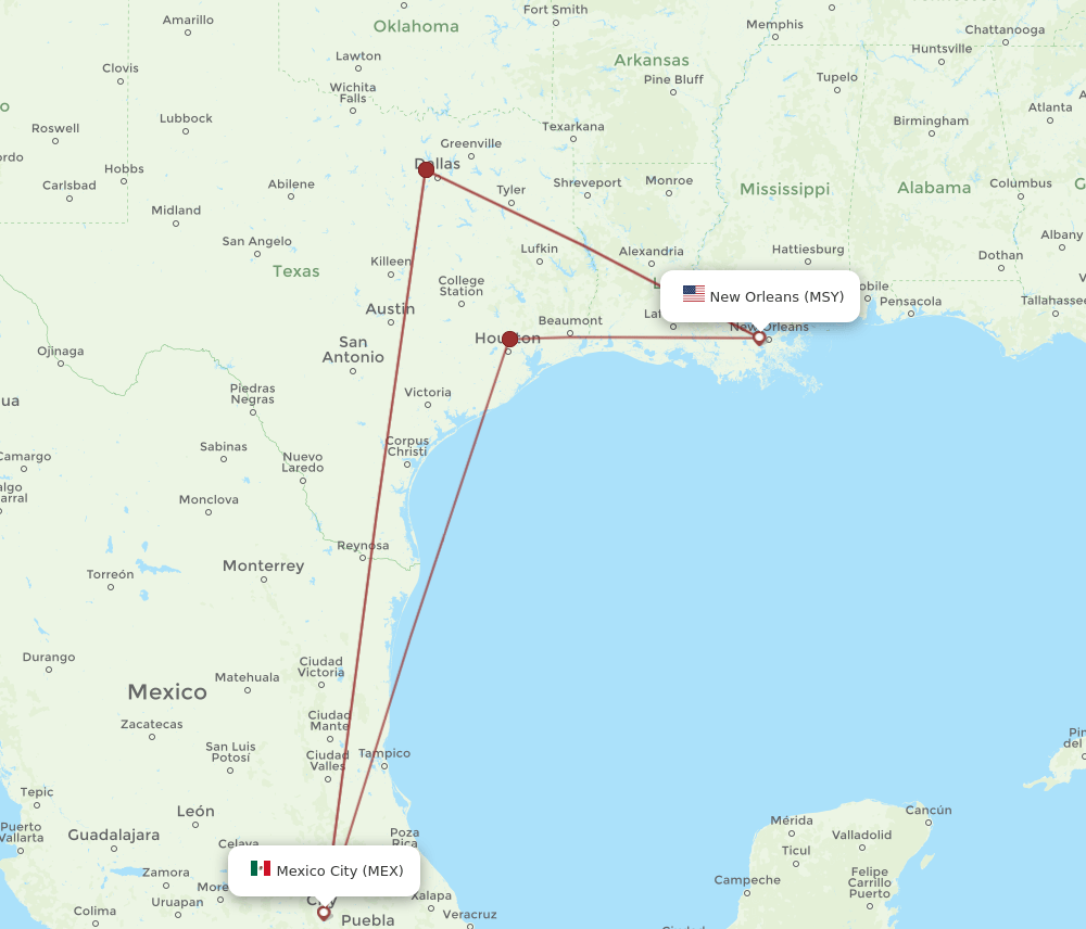 MSY to MEX flights and routes map